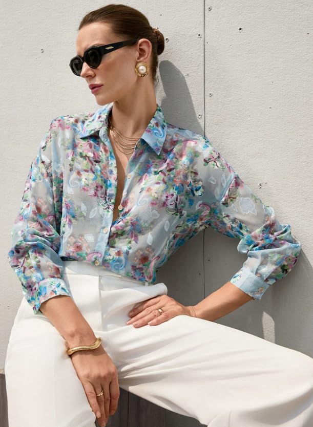Image of Women Shirt || Women Top ||Floral Print Polo Collar Shirt, Casual Long Sleeve (S-26-28)