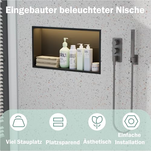 IKITRAEE LED Edelstahl Einbaunische Wandnische für Dusche，Integrierte Fliesenlose Duschablage aus Rostfreiem Edelstahl, Badezimmer-Aufbewahrung für Shampoo & Duschgel (Matt schwarz, 60X30cm)