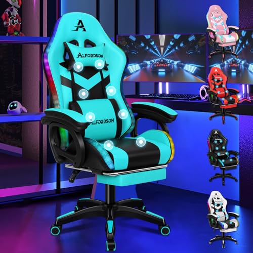 ALFORDSON LED Chaise Gaming, Siege Gaming avec Massage 8 Points, Fauteuil de Gaming Pivotant Ergonomique avec Éclairage RVB avec Support Lombaire et Appui-Tête, Hauteur Réglable, Cyan