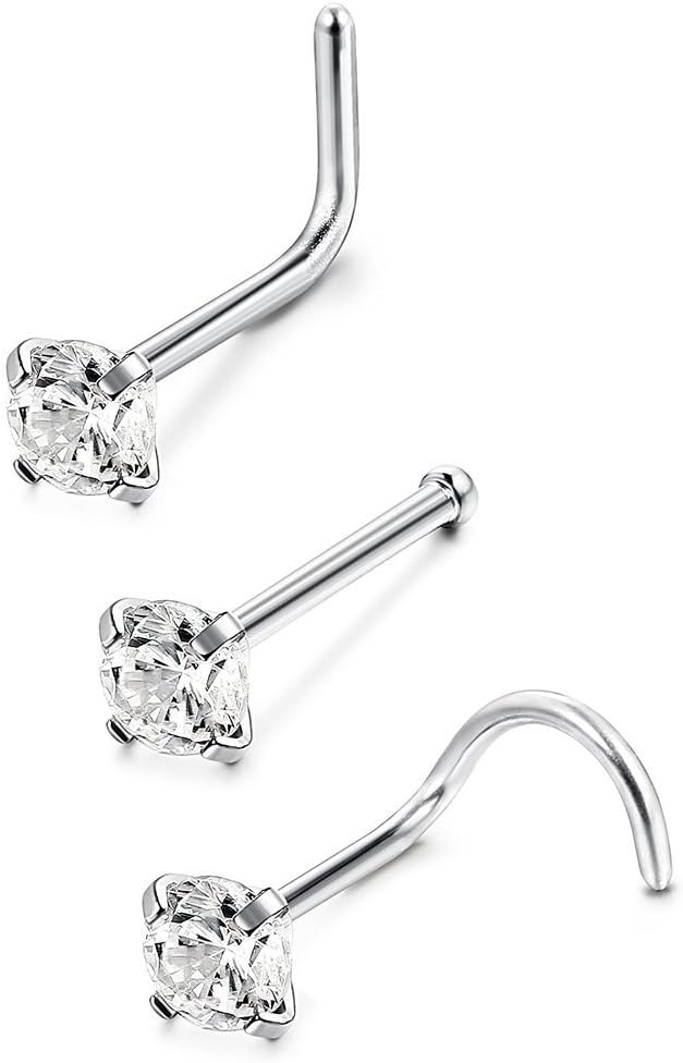 BYO 3 Pcs Surgical Steel Clear Diamond Nose Stud Rings Screw Piercing Jewelry