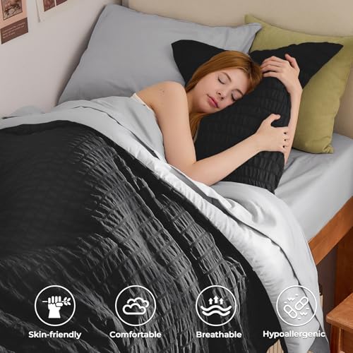 Image of HYMOKEGE Black /Light Grey Twin Comforter Set Seersucker 5 Pieces, All Season Luxury Bed in a Bag for Bedroom, Bedding Set with Comforter, Sheets, Pillowcase & Sham