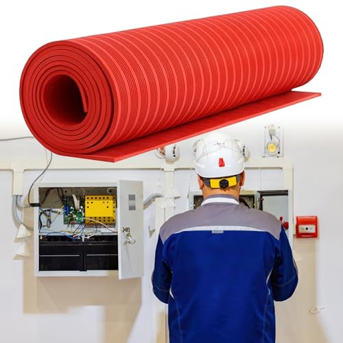 RENLXFI Electric Shock Protection Mat, Waterproof Insulating Rubber Floor Roll Mats for Substation/Workshop/Factory, Customizable Length Industrial Safety Matt(Red,LXT 3mx5mm)