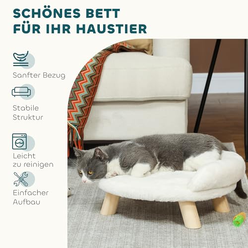 PawHut Katzensofa Hundesofa aus Plüsch Hundebett mit Rückenlehne, Holzbeine, Hundecouch mit weicher Polsterung für Katzen miniaturhunde Hunde 47 x 40 x 20 cm Cremeweiß