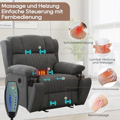Consofa Fernsehsessel Elektrisch Verstellbar Massagesessel Mit Liegefunktion Vibration Heizung Relaxsessel Mit Versteckte GeträNkehalter Typ C & USB-AnschlüSse Tv Sessel FüR Wohnzimmer (Grau) – Bild 7