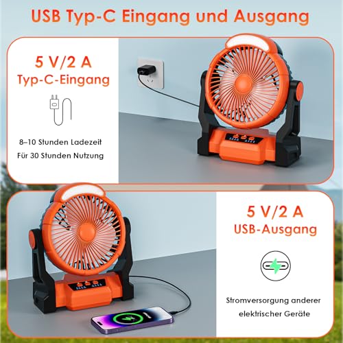 Dreamhigh® 15000mAh Akku Ventilator mit LED Lampe, Tragbarer Camping Ventilator, 3 Geschwindigkeiten, 270° Drehung, Tischventilator für Strand, Wandern & Outdoor – Bild 4