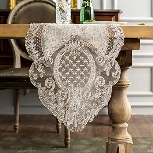 ARTABLE Lace Table Runner Rectangle Gray Cotton Linen Fabric Dresser Scarf with Exquisite Macrame Embroidery Table Runners for Kitchen Home Wedding Party Dining Decoration (Stone Gray, 16 x 60 Inch)
