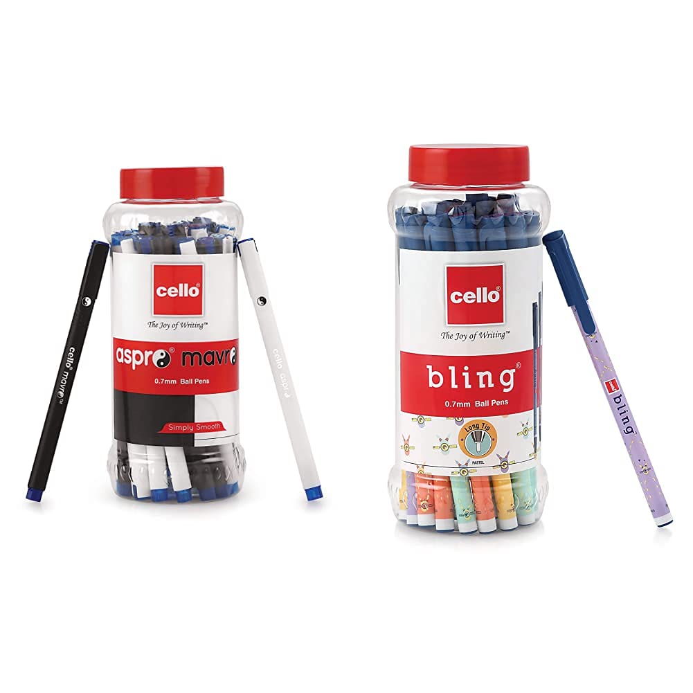 Cello Aspro Mavro Ball Pen (25 Pens Jar - Blue) | For office and school use | Lightweight body ideal for longer writing duration Bling Pastel Ball Pens (25 Pens Jar - Blue)