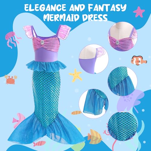 Image of PATPAT� Mermaid Dress for Girls - Little Mermaid Costume for Girls with Matching Jewelry & Hair Clip Mermaid Dress Princess Dresses for Girls 4-6 Years Old Gift Birthday Party