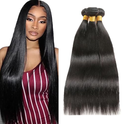 AuokMar Extensiones de cabello humano brasileño sin procesar, 28, 28, 28 y 28 pulgadas, color negro natural, 3 paquetes, 150 g