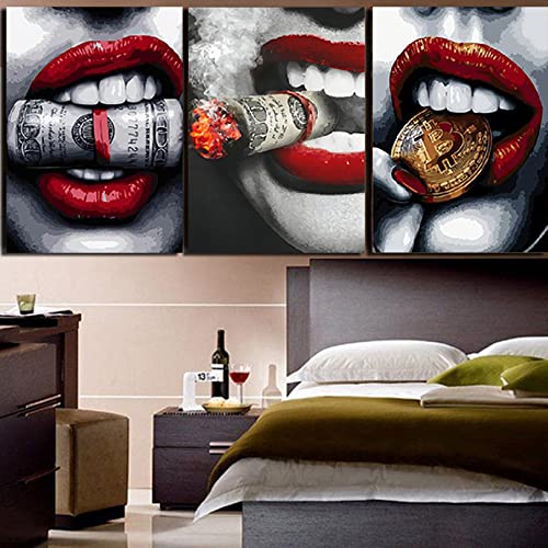 Serie de labios rojos: 【Lujo】-Núcleo de pintura en aerosol moderno a la moda, labios rojos sexys, estilo nórdico, decoración de habitación, pintura de pared, pintura de pared, juego de 3 (16 x 6