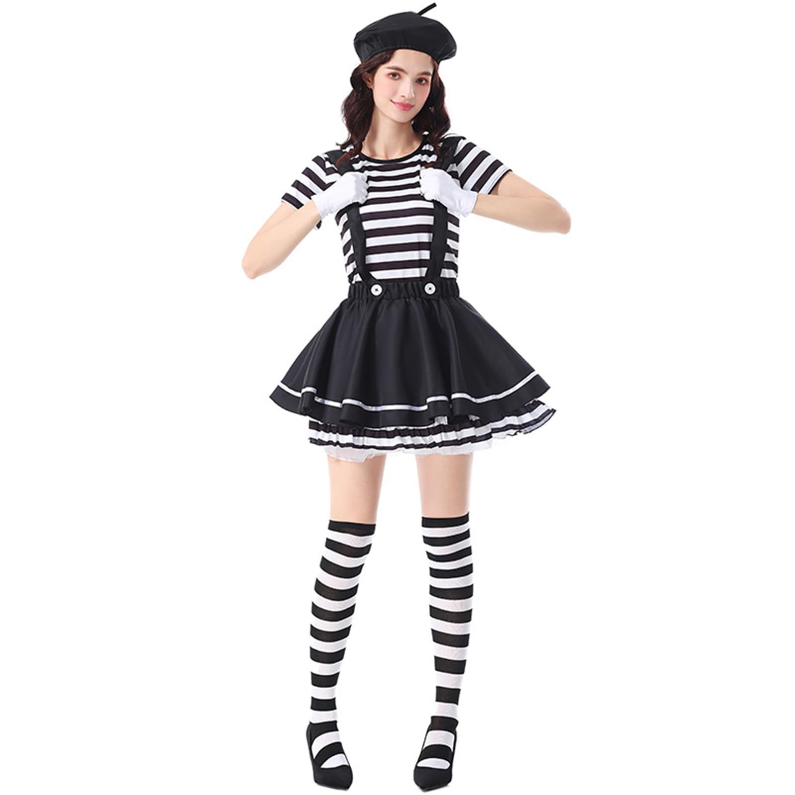Faschingskostüme Damen Pantomimen Kostüm Damen Gestreift Träger Tüllrock Clown Perfekt Für Halloween Und Party Pantomime Kostüm
