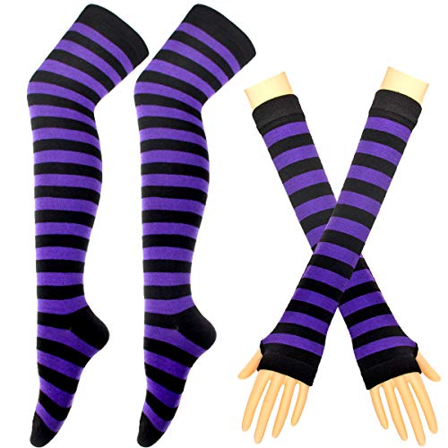Stripe Long Knit Gloves Knee High Stripe Socks Leggings Party Costume Accessory 2 Pairs Set (black&purple)