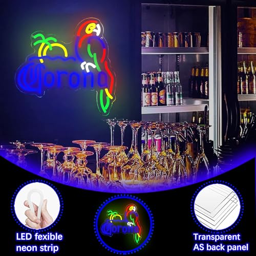 Image of Coron Neon Sign Parrot Neon Lights for Bar Decor, Palm Tree Beer Lights Bar LED Neon Sign Dimmable Light Up Signs Man Cave Home Pub Beer Gift Neon Lamp (Blue)