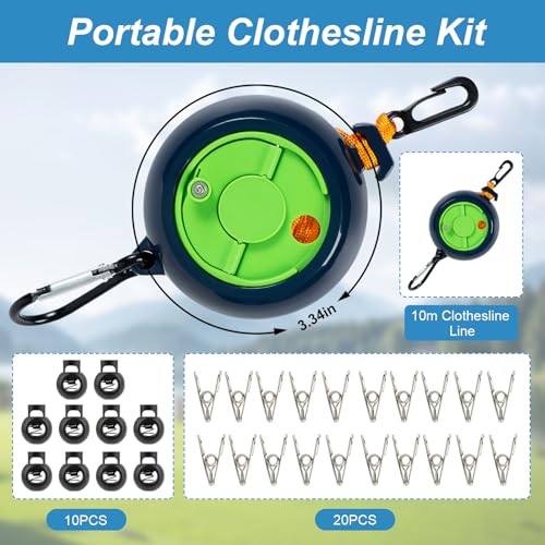 Vlecexs Corde a Linge Retractable 10m, Fil a Linge Extérieur Retractable, Portable Corde à Linge Voyage avec 10 Boucles Fixes et 20 Pinces Coupe‑Vent pour Camping, Salle de Bain, Jardin, Hôtel, Bleu – vue 2