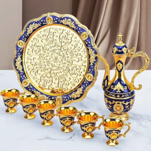 Türkische Kaffeekanne Set, Vintage 8-teiliges Metall Tee und Kaffee-Set mit 6 Tassen, Zinklegierung für Wohnzimmer und Esstisch, Geschenk für Hochzeit und Weihnachten