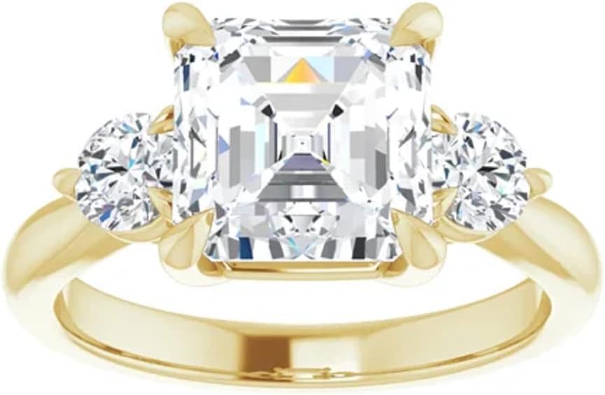 Vintage Moissanite Bridal Ring Set, 1 CT Asscher Cut Cluster, 14K Yellow Gold, 3 Carat Round Center Stone, Size 3-12, Ring for Her