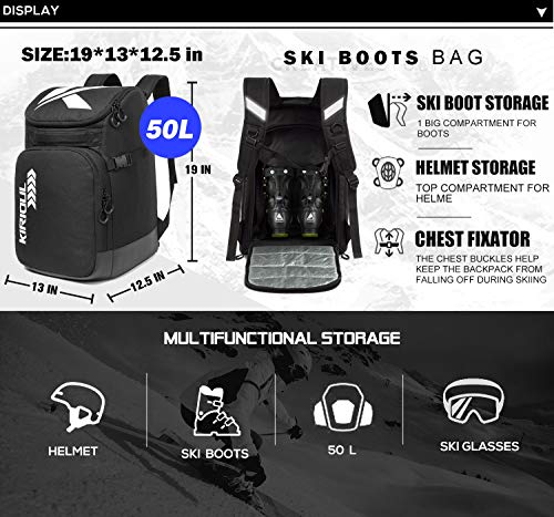 KIRIOUL Ski Boot Bag with Padded Protection, Skiing and Snowboarding Travel Backpack/Luggage with Waterproof Exterior & Bottom Stores Gear Including Helmet, Jacket, Gloves & Accessories for Men/Women