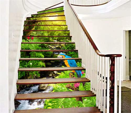 Artfanke 13Pcs 3D Green Forest Parrort Peel And Stick Stair Stickers- Self-Adhesive Stair Riser Stickers- Stair Decals For Home Office School Decorations 39.37" X 7.08" #TOP2