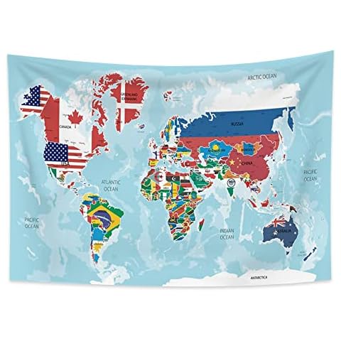 YONGFOTO National Flags Tapestry, The World Map Wall Hanging Tapestry Ocean Continents Geographical Distribution Cultural Attractions Landscape Tapestries for Library Living Room Decor,150x100cm Cover