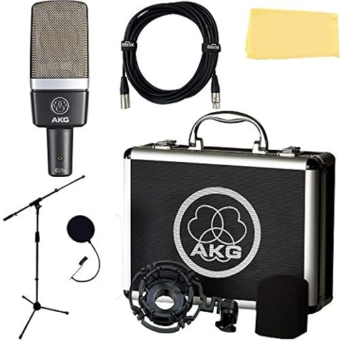 AKG C214 Large-Diaphragm Condenser Microphone Bundle with Boom Stand, Pop Filter, XLR Cable and Austin Bazaar Polishing Cloth Cover