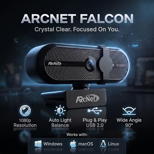 Image of ARcNet Falcon Full HD 1080p /30fps Webcam with Microphone & Privacy Cover, USB HD Computer Web Camera, Plug and Play, for Zoom /Skype /Teams, Conferencing and Video Calling, 90-Degree Wide Angle Lens