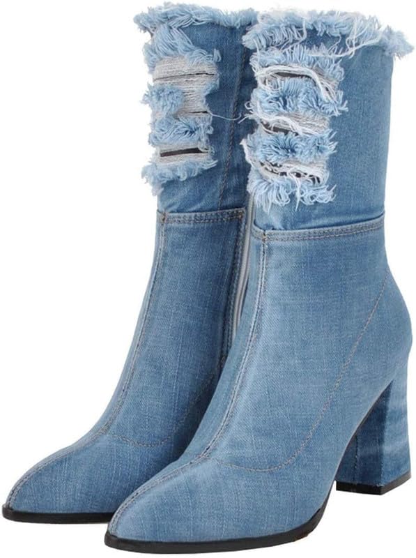 MAVMAX Denim Ankle Boots for Women Pointed Toe Chunky High Heel Jeans Denim Blue Short Mid Calf Booties with Side Zipper size 10
