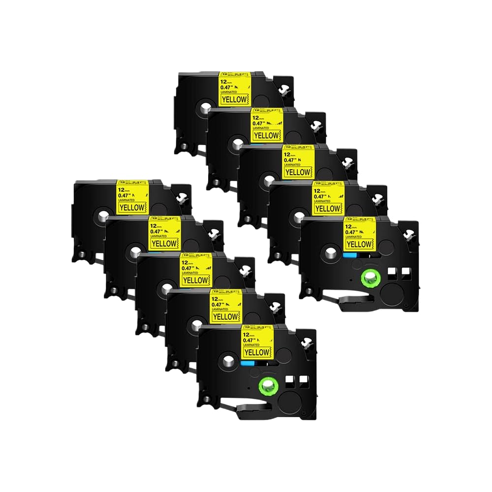 Lot de 10 Rubans d'étiquettes Noir sur Jaune 12 mm compatibles avec