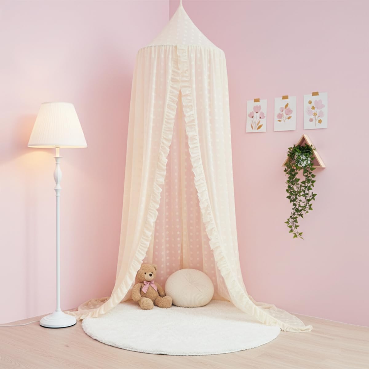 Mengesi Bed Canopy with Pom Pom- Lace Chiffon Canopy Bed Curtains, Ruffles Princess Reading Nook Play Tent for Girls Room (Ivory)