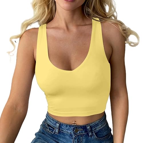 Haibang Crop Tops for Women Sexy V Neck Double Lined Tank Top Sleeveless Racer Back Vest Tops Seamless Slim Fit Sport Yoga top Summer Going Out Tops for Lady Girls Daily Wearing Yellow