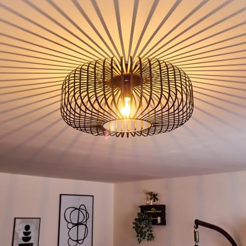 HOFSTEIN Deckenleuchte Wemude, Deckenlampe aus Metall Lampe Wohnzimmer - Modern Schwarz 1-flammig - E27-Fassung, Rund, 40 cm Durchmesser, Gitteroptik für Spannender Lichteffekt - Retro Vintage Design