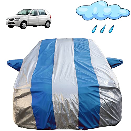 Image of Autofact Waterproof Car Body Cover Compatible with Maruti Alto Old Model (2000 to 2014) with Mirror Pockets (Blue Stripes with Shinning Silver Fabric /Waterproof Cover)