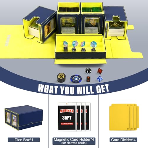 Image of Kabinka Card Deck Box for MTG Commander, Holds 400+ Double-Sleeved Cards, 5 IN 1 Detachable Card Case with Dice Tray, Fits Magic /TCG Cards, 4 Magnetic Card Holders & Dividers (Blue Yellow)