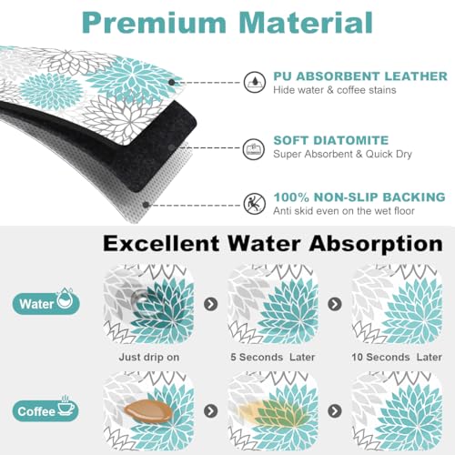 Findosom 2PCS 12" x 20" Dish Drying Mat & 24" x 5.5" Sink Splash Guard, Super Absorbent & Cuttable Dish Mat Drying Kitchen Mat with Teal Floral, Hide Stain Drying Mat for Kitchen Counter