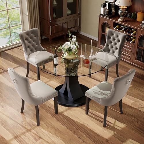 Image of 5-Piece Dining Table Set with 39In Tempered Glass Table and 4 Velvet Upholstered Chairs, Modern Scandinavian Furniture for Dining Room Kitchen(Gray)