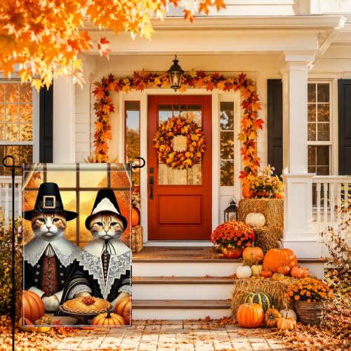 Image of BlissYard Fall Garden Flag 12x18 Inch Cat Pumpkin Thanksgiving Decor | Double sided polyester, fall pilgrim cat pumpkin design, cozy cat lover decor for Thanksgiving porch and yard