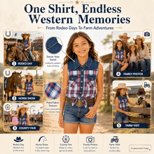 Image of Bienzoe Western Plaid Girls Shirt: Sleeveless Button Down