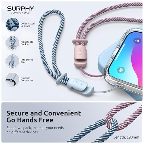 Image of SURPHY 2 Pack Phone Lanyard, Phone Wrist Strap for Case, Camera Wrist Strap | Ultra-Light 2-Color Braided Phone Strap, Cellphone Charm Strap, Anti-Lost Wrist Lanyard for Women and Men, Pink Cloud Blue