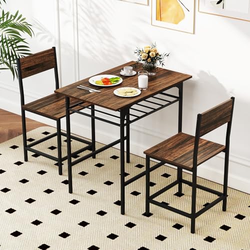 COSTWAY Petite Table de Cuisine 2 Personnes, Table Cuisine avec Chaise Encastrables, Étagère, Chaises, pour Coin Petit-Déjeuner, Salle à Manger (Marron Rustique)