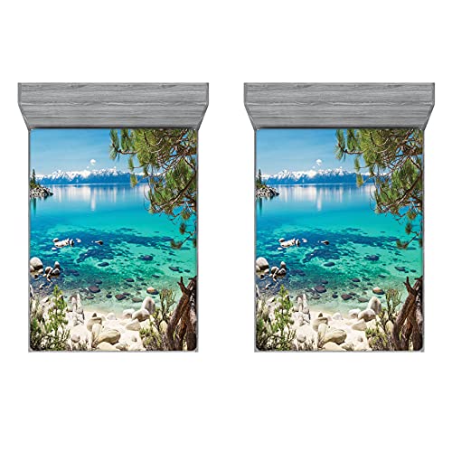 ABAKUHAUS Romántico Sábana Elastizada Juego de 2, Tahoe montaña Cubierto de Nieve, Suave Tela Decorativa Estampada Elástico en el Borde, 135 cm x 190 cm, Azul pálido Verde cáscara de Huevo