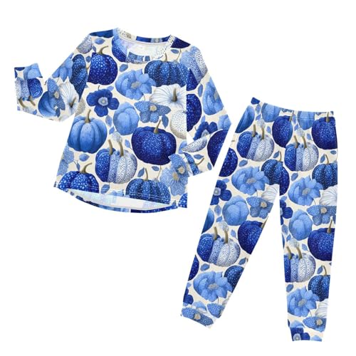 Blue Pumpkins Flowers Fall Soft Pajama Set for All Seasons,Breathable Pjs Long Sleeve Sleepwear,Comfy Loungewear 2 Piece Underwear Set 8T