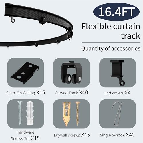 Image of Room Divider Curtains & Flexible Bendable Tracks Set,Privacy Dividers Ceiling Track Curtain Window Blackout Curtains for Living Room Bedroom (W100 x H106 in 2 Panels Black Drape & Black Rail)