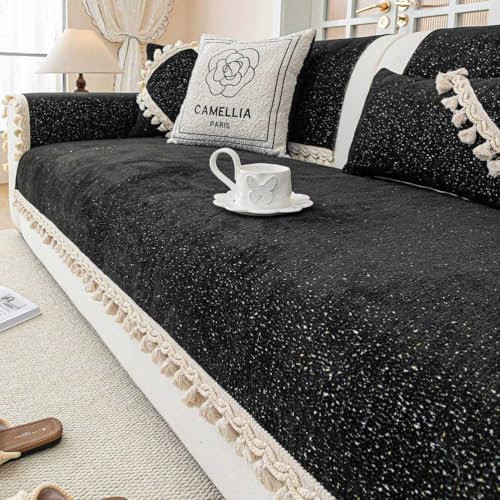 IJNBHU Funda Sofa, Terciopelo Jacquard Espesado Funda Sofá Anti Gatos Perros y Mascotas, Moderna Cubre Sofa Antimanchas Lavable,Negro,110 * 210cm