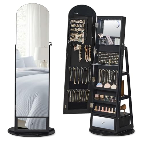 Image of SONGMICS 360 Swivel Jewelry Cabinet, Full-Length Arched Mirror with LED Lights, Magnifying Mirror, Storage Shelves, Drawer, Ink Black UJJC030BC01