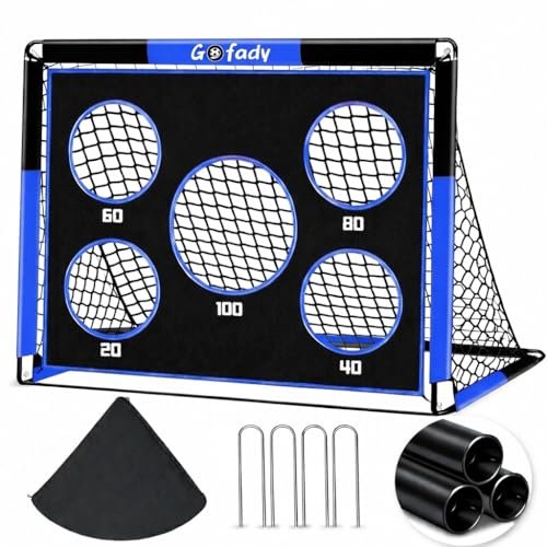 Gofady 2-in-1 Football Goal for Kids - Portable & Durable Soccer Training Net with 5 Target Ranges Foldable Design Carrying Bag Easy Assembly for Backyard Garden Beach(Blue 150 * 120 * 120cm)