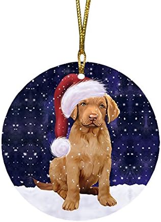 Santa Sled Dogs Chesapeake Bay Retriever Christmas Round Flat Ornament - Pet Decorative Hanging Ornaments for Christmas X-mas Tree Decorations - 2.75" Round Flat Ceramic Christmas Ornament POR1574