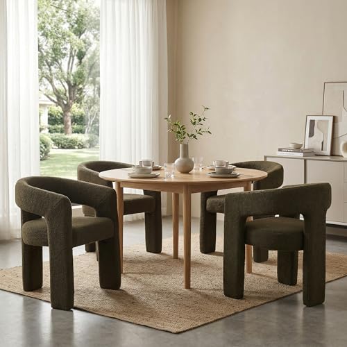 Image of HNY Modern Barrel Kitchen & Dining Room Chairs Set of 4, Sherpa Upholstered Accent Chairs with Arm, 18.5'' Wide Side Armchairs Vanity Chairs for Living Room Bedroom Makeup Small Spaces, Green