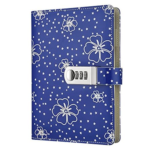 Floral Notebook Journal with Lock A5 PU Leather Password Diary with Combination Lock Locking Notebook Diary Cover (Blue)