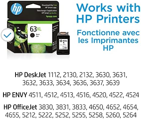 HP 63XL Black High-Yield Ink Cartridge | Works with HP DeskJet 1112, 2130, 3630 Series; HP Envy 4510, 4520 Series; HP OfficeJet 3830, 4650, 5200 Series | Eligible for Instant Ink | F6U64AN