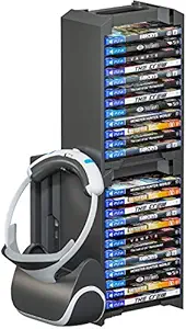 Skywin VR Headset & Video Game Organizer - 24 CD Game Disk Tower, VR / Headset Hanger, and Vertical Stand for PSVR