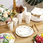 Bokon 350 Pcs Gold White Party Supplies Disposable Dinnerware Set Include 100 Plates 50 9 oz Paper Cup 50 Sets Spoon Fork Knives 50 Napkin for 50 Guests Wedding Birthday Valentines Party Decoration - Image 4